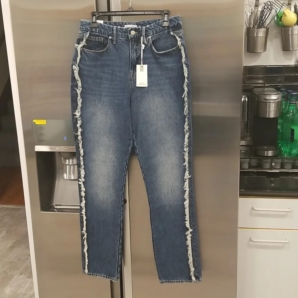 💕GOOD AMERICAN💕 Good Boy Side Frayed Straight Leg Jeans ~ Blue 818 8/29 NWT
